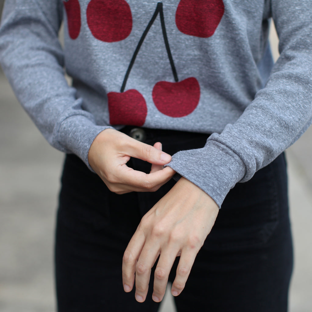 Bing Cherries Cherry Bomb Lightweight Cropped Raglan Sweatshirt Gray