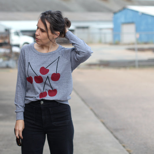 Bing Cherries Cherry Bomb Lightweight Cropped Raglan Sweatshirt Gray