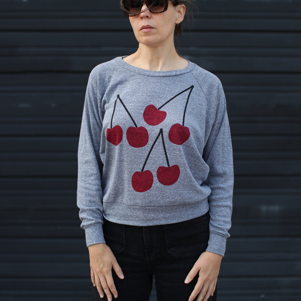 Bing Cherries Cherry Bomb Lightweight Cropped Raglan Sweatshirt Gray