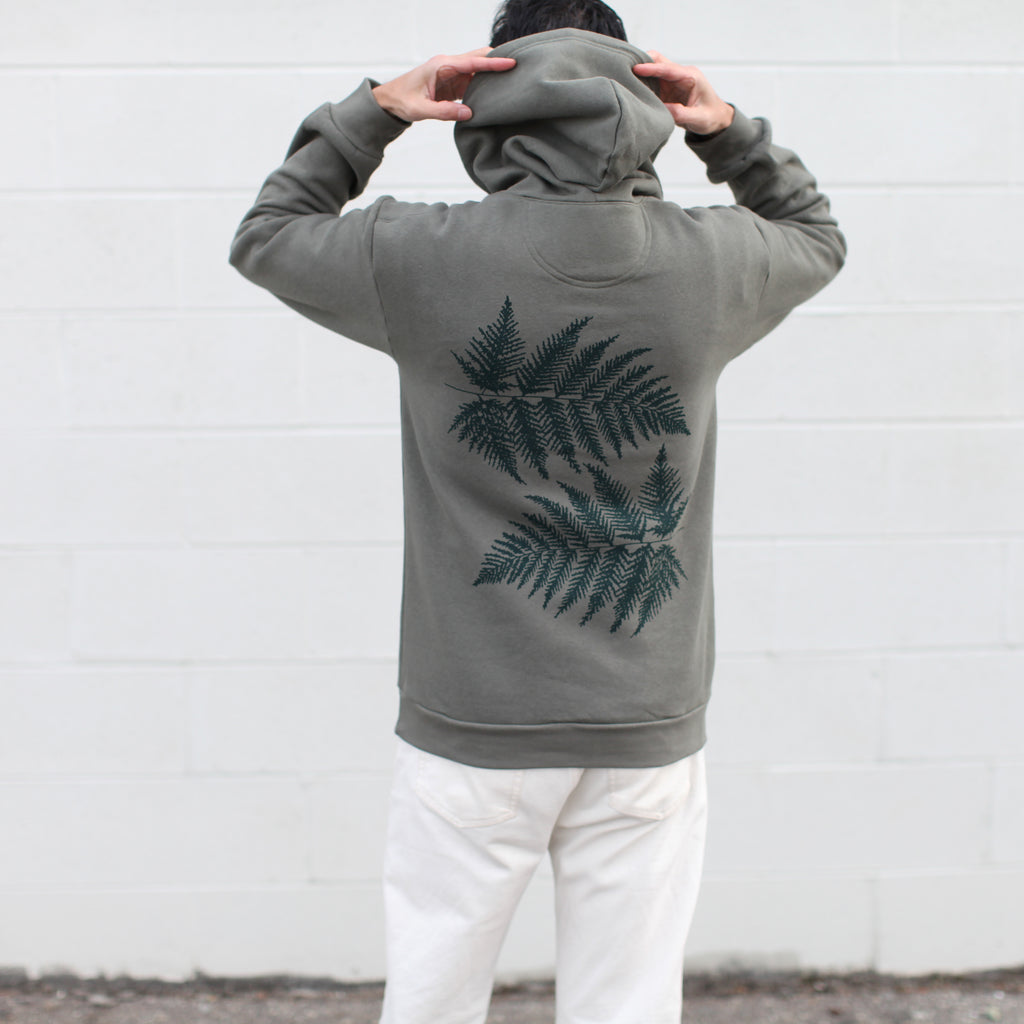 Forest Fern Leaves Unisex Fleece Pullover Hooded Sweatshirt Military Green