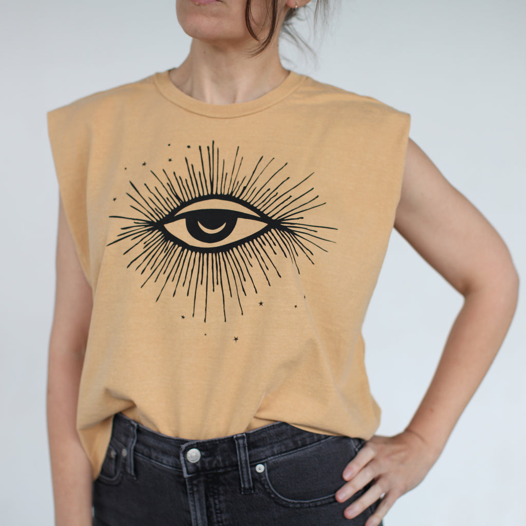 Hex Third Eye Heavyweight Garment Dyed Cotton Sleeveless Crop Muscle Tank Mustard