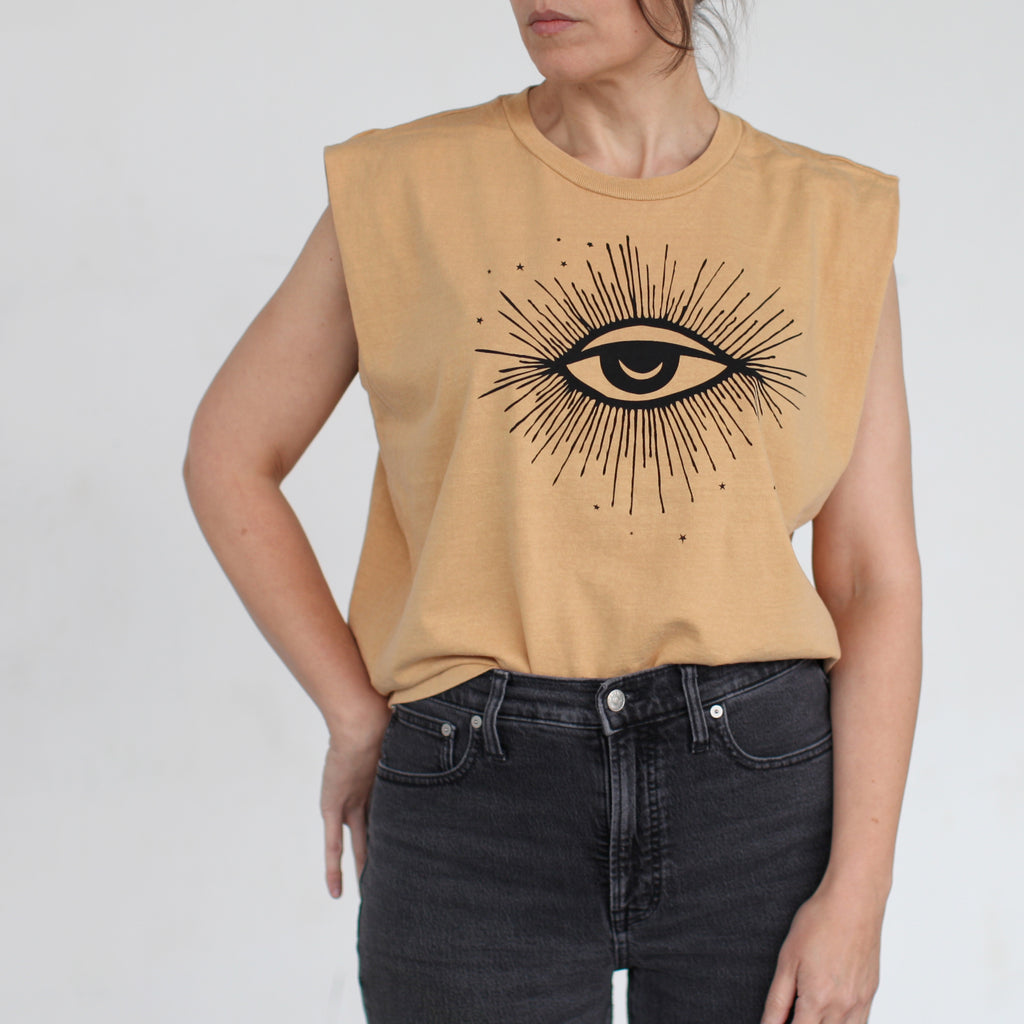 Hex Third Eye Heavyweight Garment Dyed Cotton Sleeveless Crop Muscle Tank Mustard