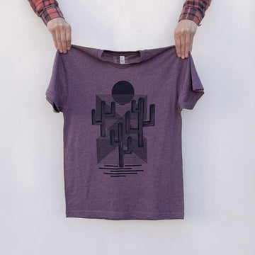 Southwest Desert Cactus Woodblock Style Screen Print Mens 50/50 Tee Plum