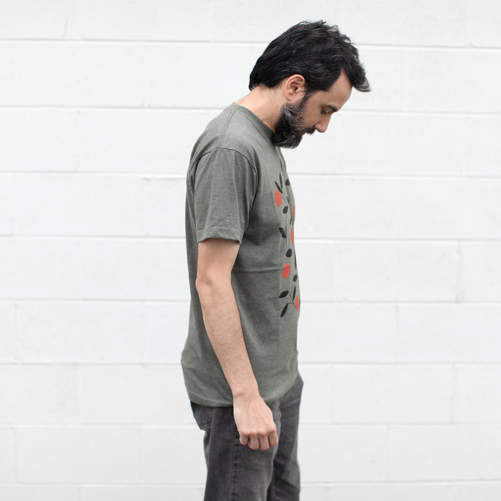 Orange Grove Citrus Screenprint Mens Tshirt in Sage Green