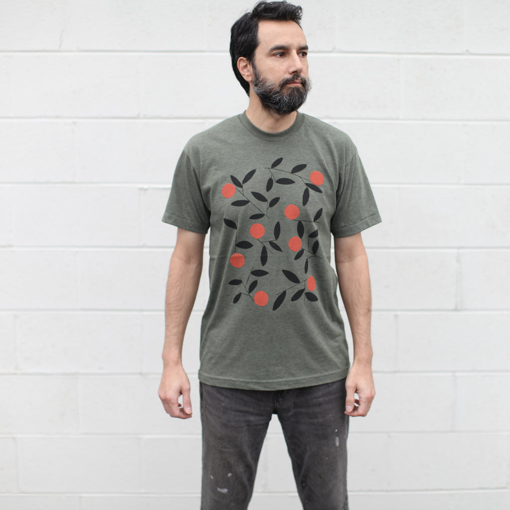 Orange Grove Citrus Screenprint Mens Tshirt in Sage Green