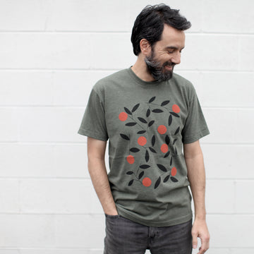 Orange Grove Citrus Screenprint Mens Tshirt in Sage Green