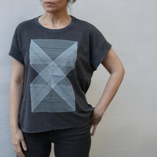 Palindromes Geometric Triangles Repeating Lines Womens Boxy Tee Black