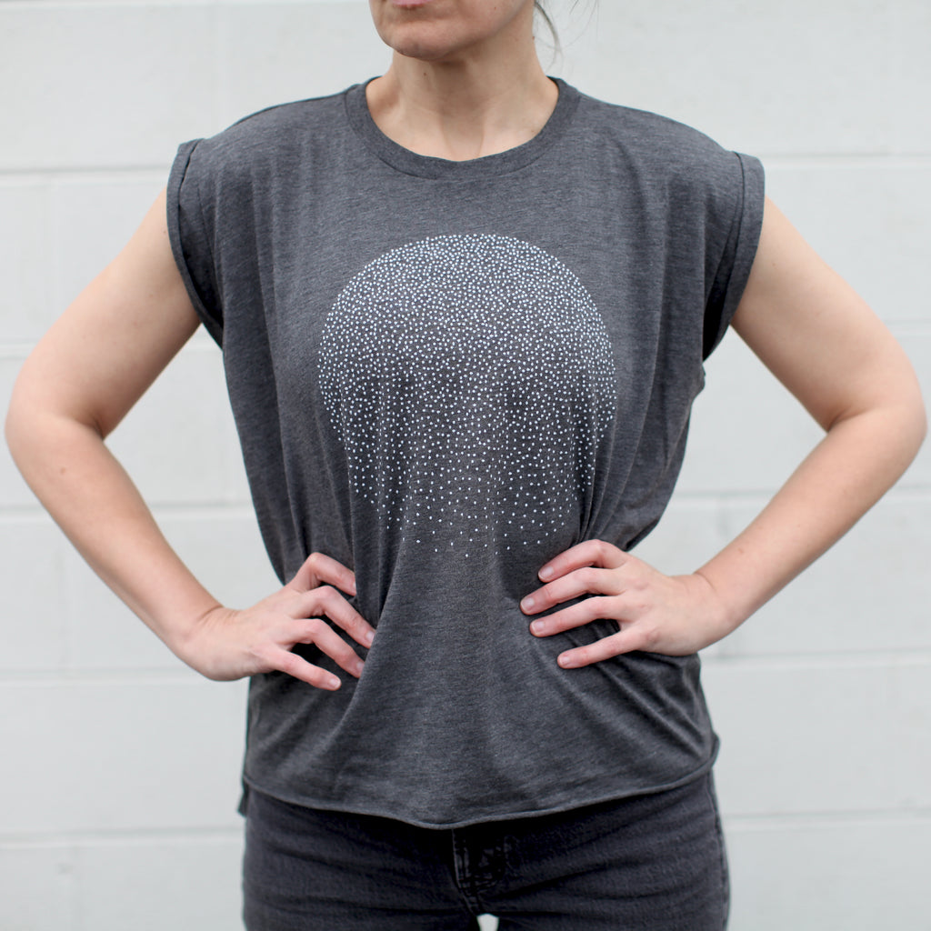 Snow Globe Minimalist Flowy Crew Neck Muscle Tee in Dark Heather Gray