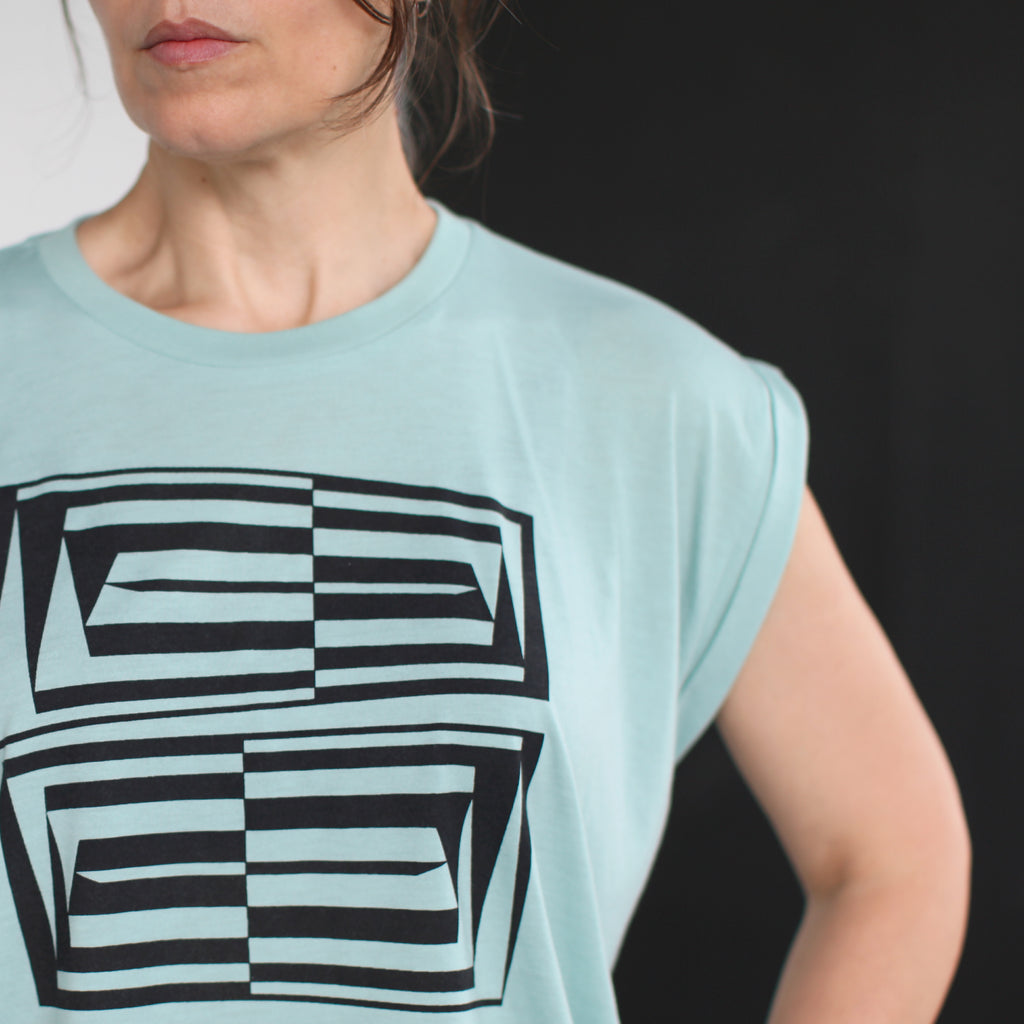 Vertigo Abstract Geometric Print Loose Fit Muscle Tee Pastel Blue