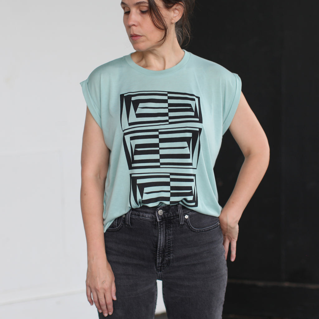 Vertigo Abstract Geometric Print Loose Fit Muscle Tee Pastel Blue