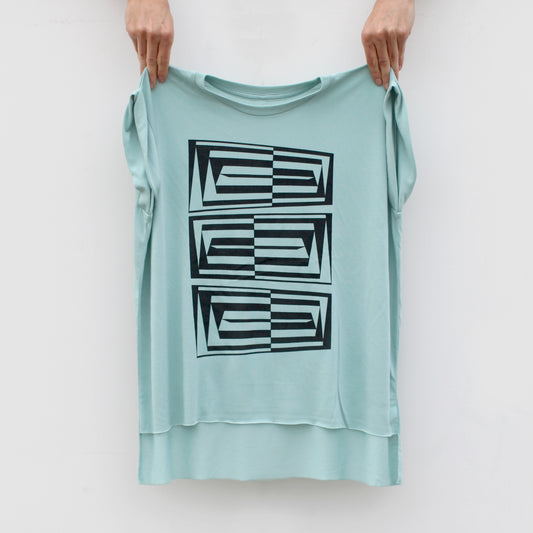 Vertigo Abstract Geometric Print Loose Fit Muscle Tee Pastel Blue