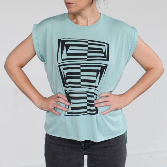 Vertigo Abstract Geometric Print Loose Fit Muscle Tee Pastel Blue