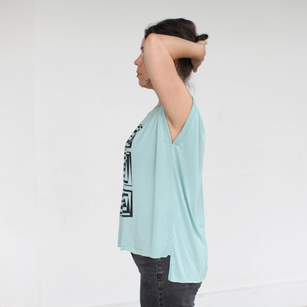 Vertigo Abstract Geometric Print Loose Fit Muscle Tee Pastel Blue