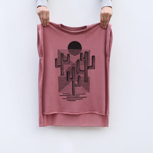 Desert Cactus Landscape Print Womens Rolled Cuff Muscle Tee Mauve Pink