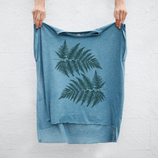 Forest Ferns Botanical Print Womens Rolled Cuff Sleeve Muscle Tee Teal