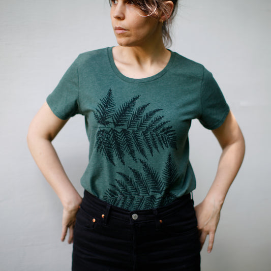 Fern Leaves Print Eco-Friendly Women's Tee on Forest Green