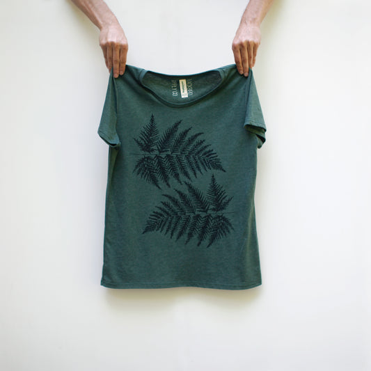 Fern Leaves Print Eco-Friendly Women's Tee on Forest Green