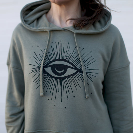 Hex Third Eye Moon and Stars Cropped Drop Shoulder Hoodie Army Green