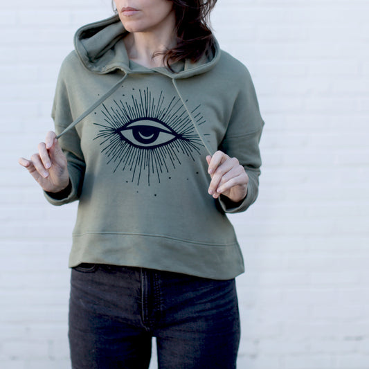 Hex Third Eye Moon and Stars Cropped Drop Shoulder Hoodie Army Green