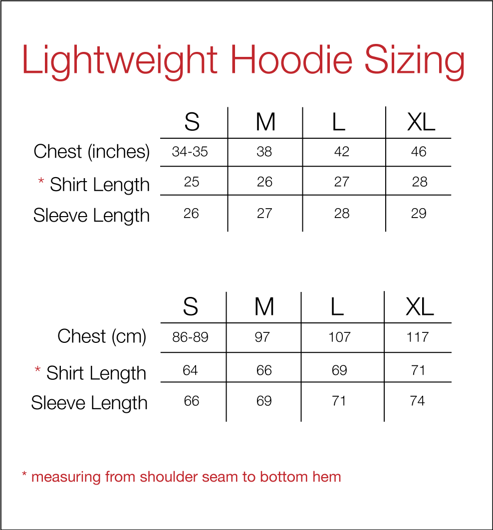 Lightweight Zip Hoodie Sizing Chart.