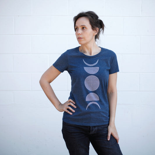 Moon Phases Lunar Cycle Minimalist Geometric Womens Tee Navy Blue